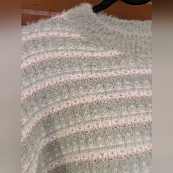 Cozy Striped Sweater in Soft Green and Cream And Gold - Picture 3 of 5